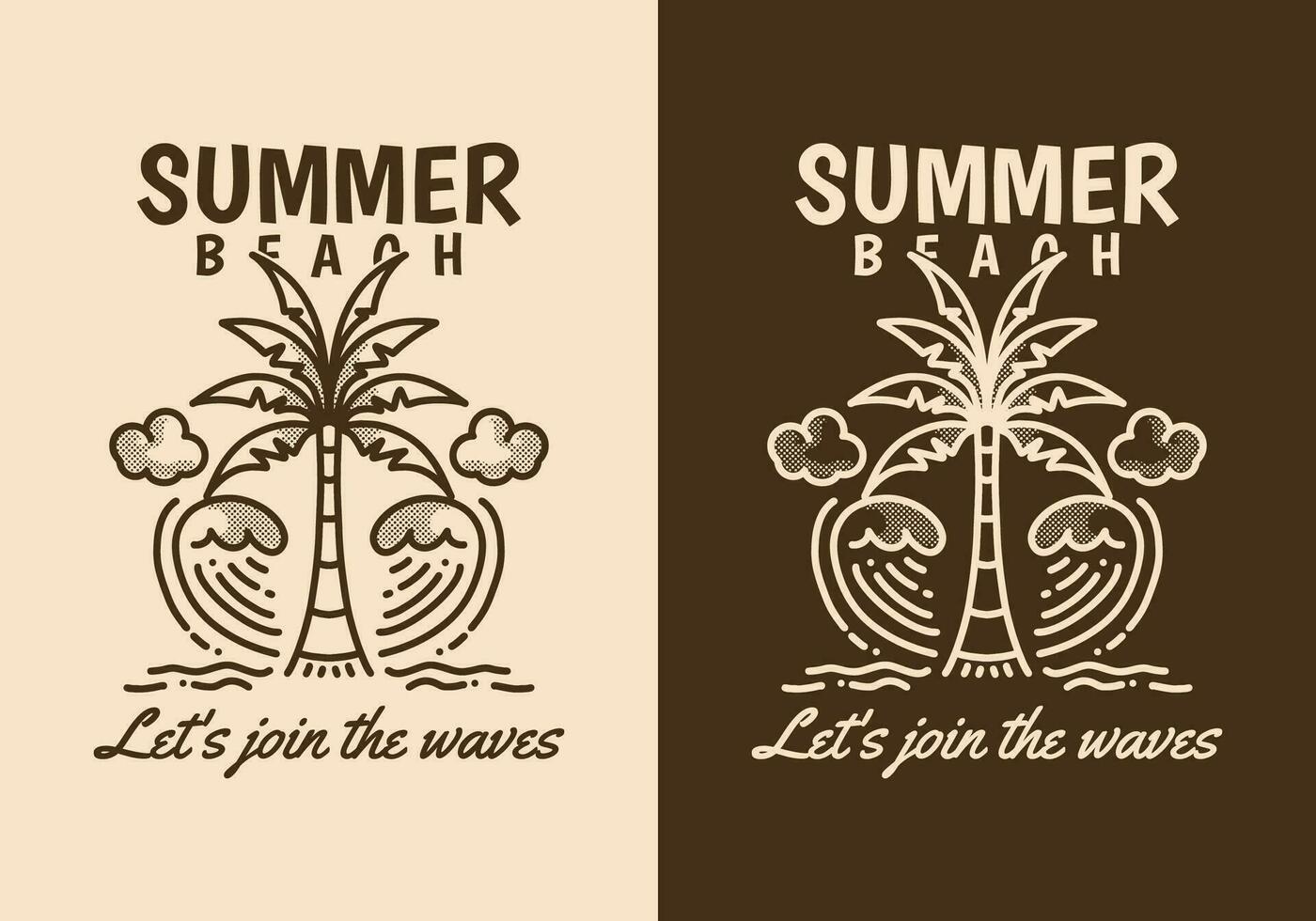 Summer beach, Let's join the waves. Line art illustration of coconut tree and waves vector
