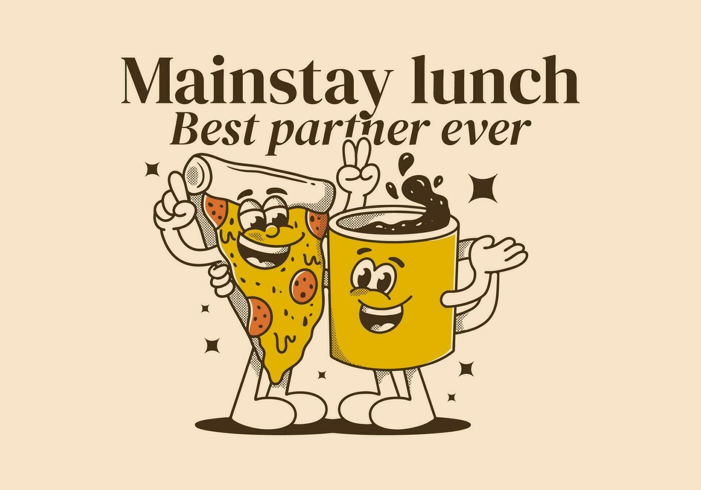 Mainstay lunch, best partner ever. Mascot character of a coffee mug and a slice pizza vector