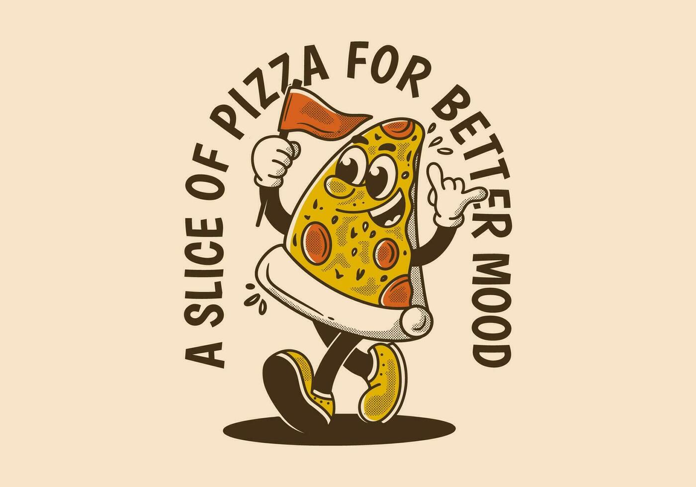 A slice of pizza for better mood. Mascot character illustration of walking pizza, holding a flag vector