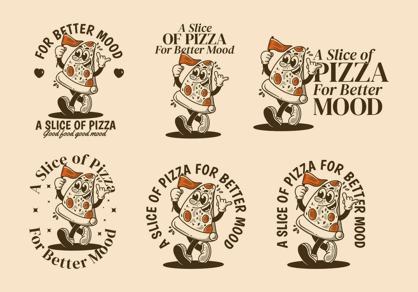 A slice of pizza for better mood. Mascot character illustration of walking pizza, holding a flag vector