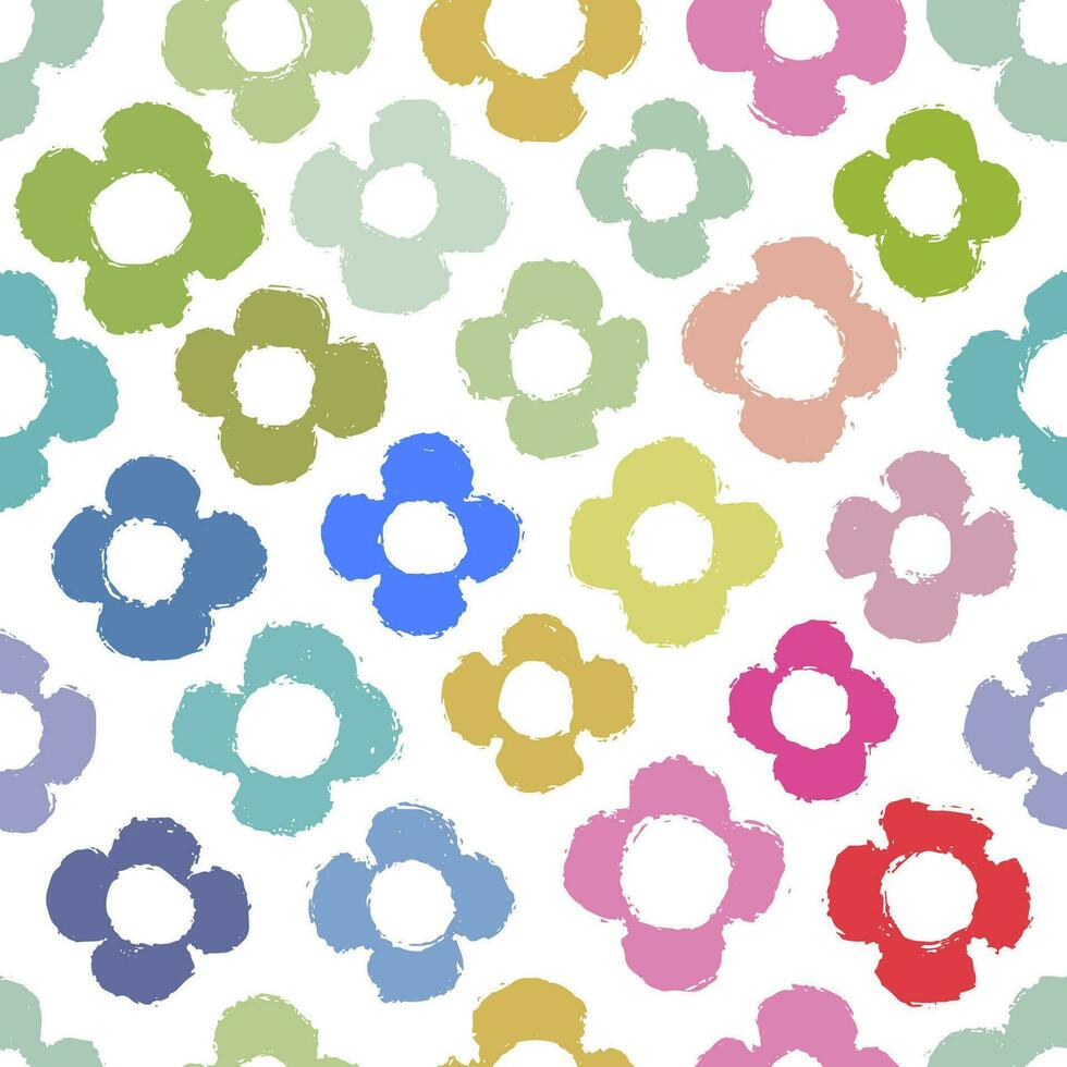 1970 Daisy naive playful seamless pattern. Doodle  contemporary backgrounds for kids. Swiss design aesthetic vector