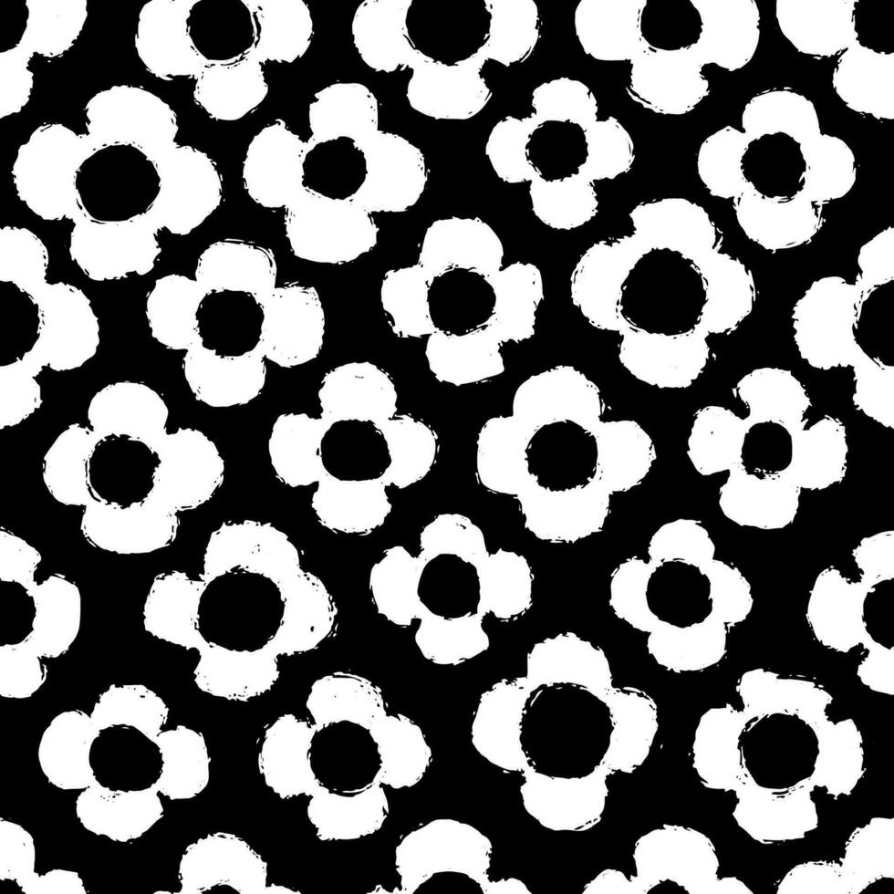 White naive playful daisy seamless pattern on black. Messy graffiti sketch wallpaper print in doodle grunge style. Swiss design aesthetic vector