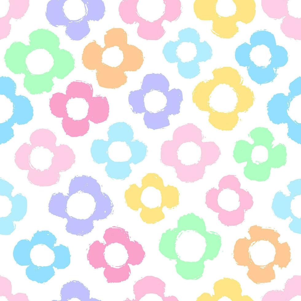 1970 Daisy naive playful seamless pattern. Doodle  contemporary backgrounds for kids. Swiss design aesthetic vector