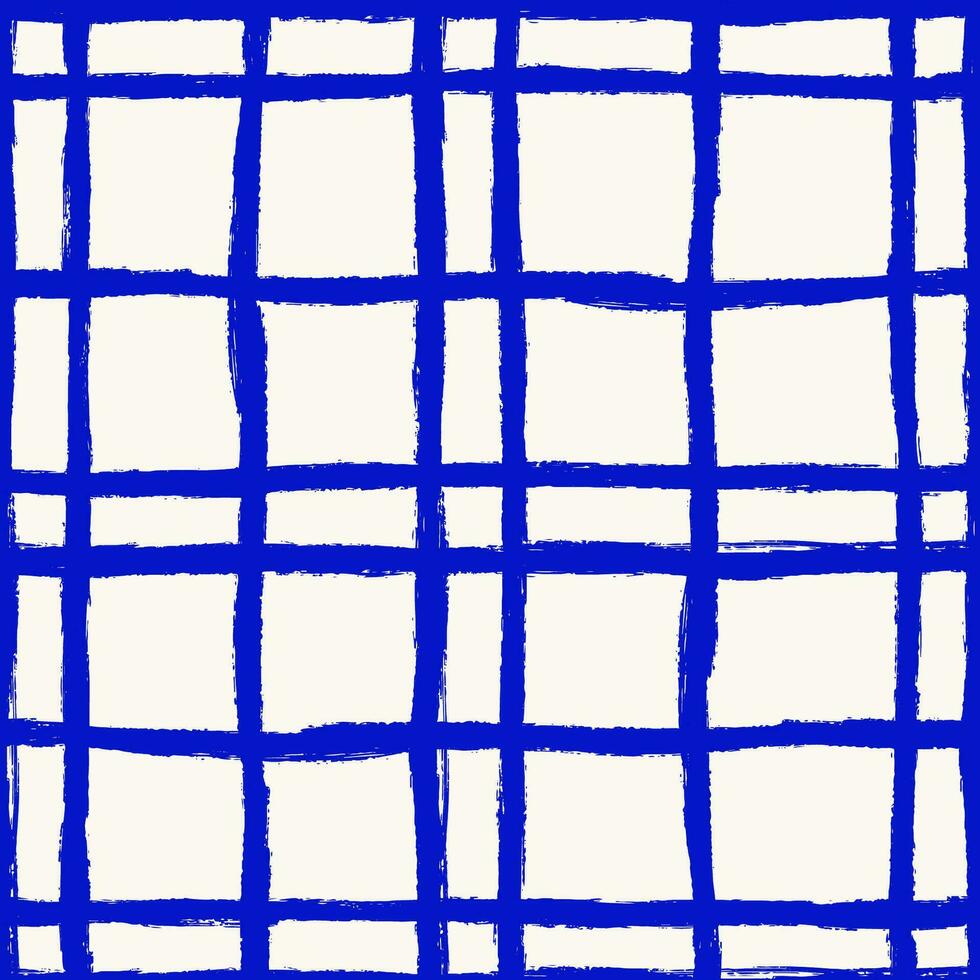 Blue Naive Checkered seamless pattern on White. Messy graffiti sketch wallpaper print in grunge style with trippy grid. Swiss design aesthetic vector