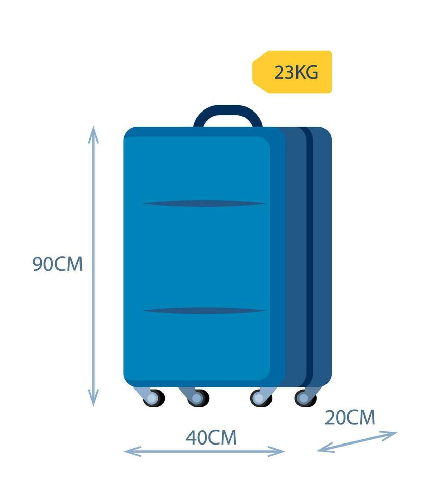 Baggage allowance. Wheeled suitcase with dimensional arrows weight tag. Weight and size of luggage allowance. Hand luggage requirements for air travel. Vector illustration.