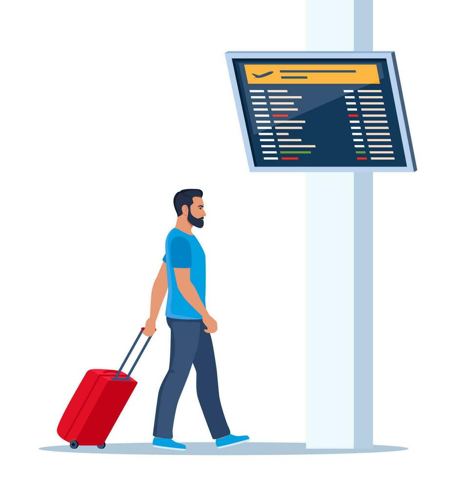 Man with wheeled suitcase hurrying to flight at airport. Passenger in airport waiting room or departure lounge with information panel. Travel concept. Vector illustration.