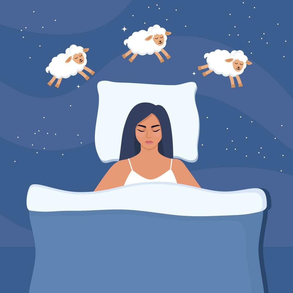 Woman falls asleep, dreams, and counts sheep. Insomnia and sleep disorders. Girl lying on the bed, lambs are jumping around. Around the stars and dark space. Vector illustration.