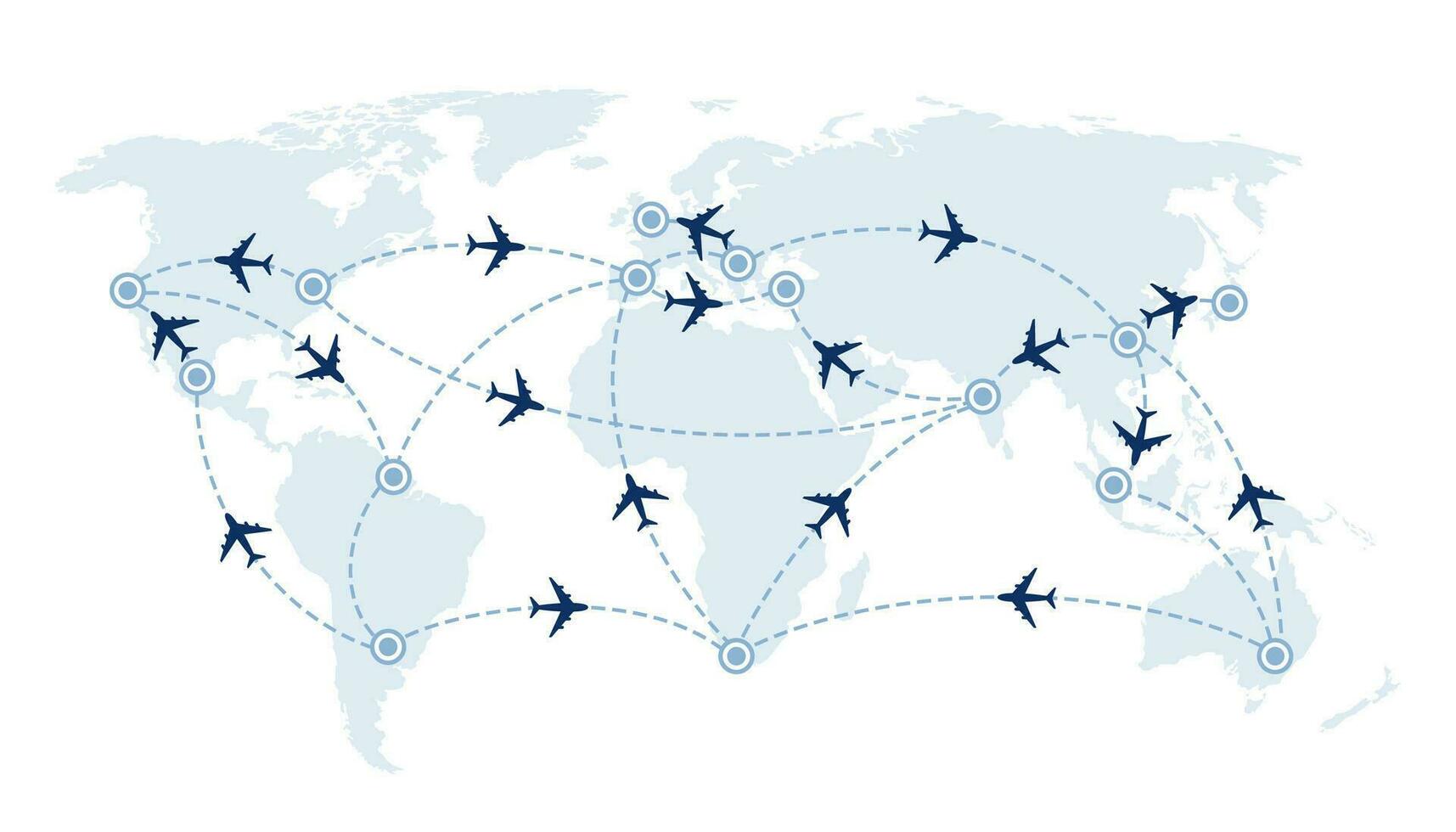 World travel map with airplanes, flight routes and pins marker. Vector illustration.