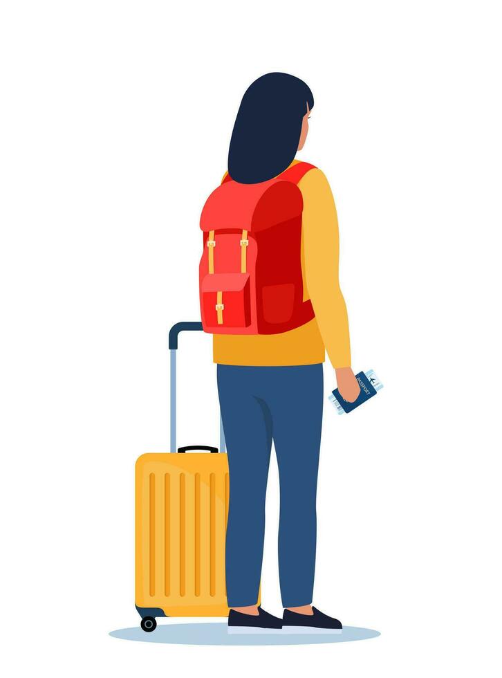 Woman with wheeled suitcase and backpack stand with passport and ticket in her hand. Passenger in airport stands with back half turned. Travel concept. Vector illustration.