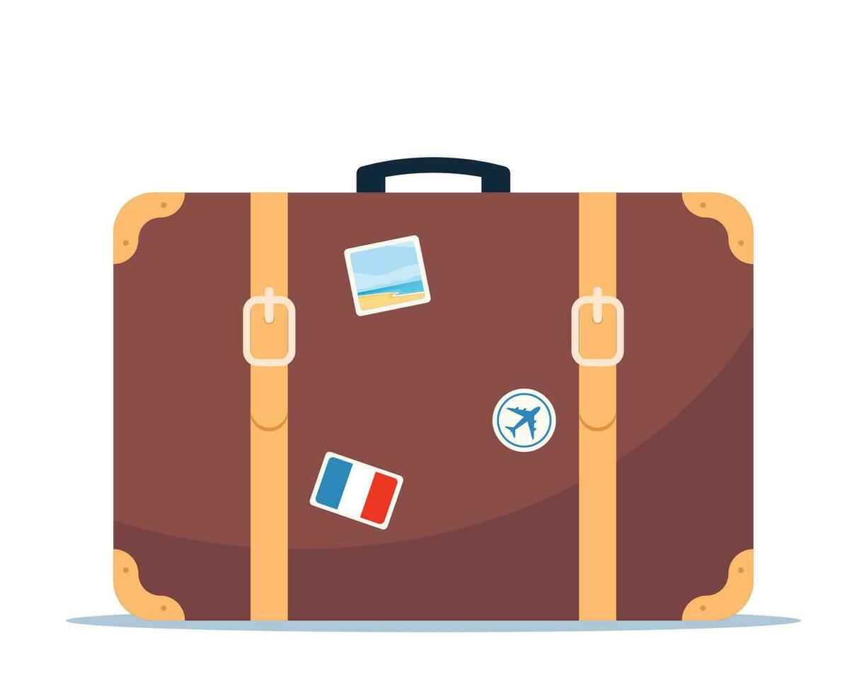 Clásico de viaje cuero maleta con pegatinas cabina equipaje. de viaje concepto. vector ilustración.