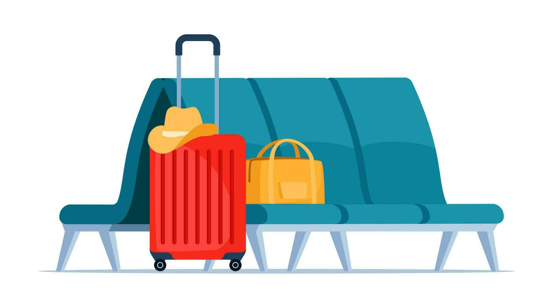 Empty rows of seats, element of airport lounge interior. Departure lounge chairs. Suitcase and backpack. Tourist case, journey and adventure baggage. Vector illustration.