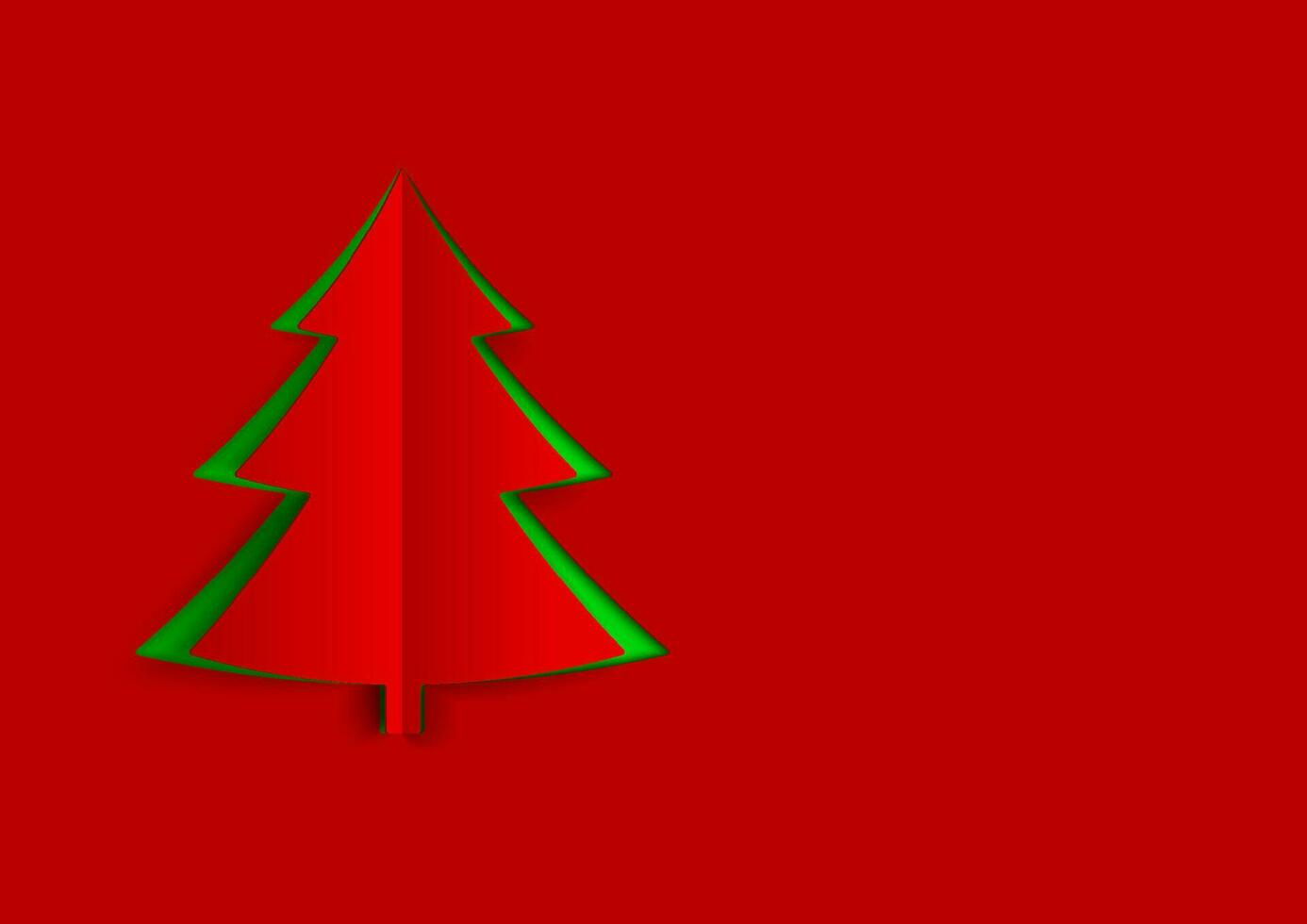 Christmas tree in paper art style with green and red color. Christmas abstract background with red paper layer. vector