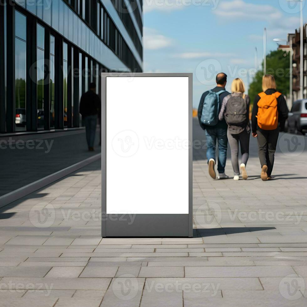 Blank advertisement signage mockup on sidewalk with people walking. Generative AI photo