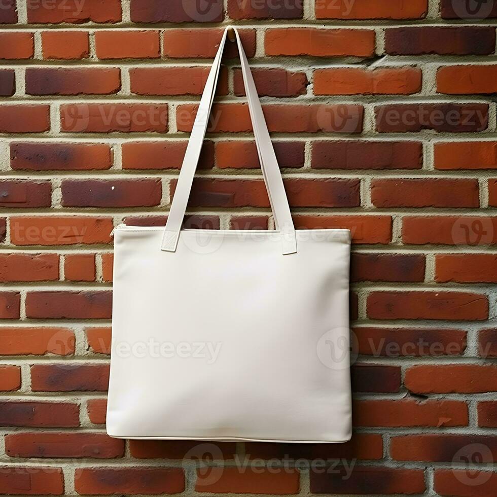 Blank white tote bag hang on brick wall. Generative AI photo