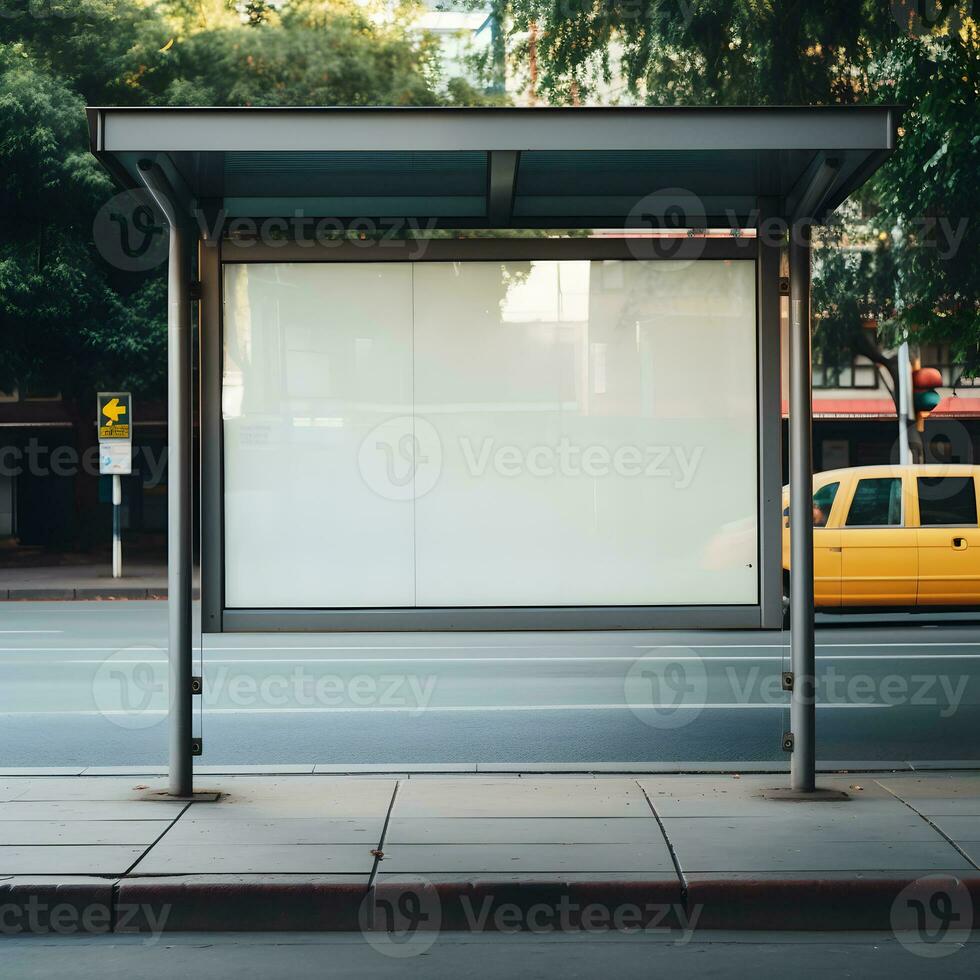 Blank rectangular white billboard on bus stop. Generative AI photo