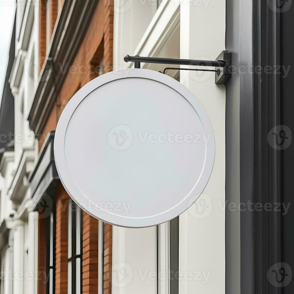 Blank white round store signage sign design mockup. Signboard mounted on the wall for logo presentation. Generative AI photo