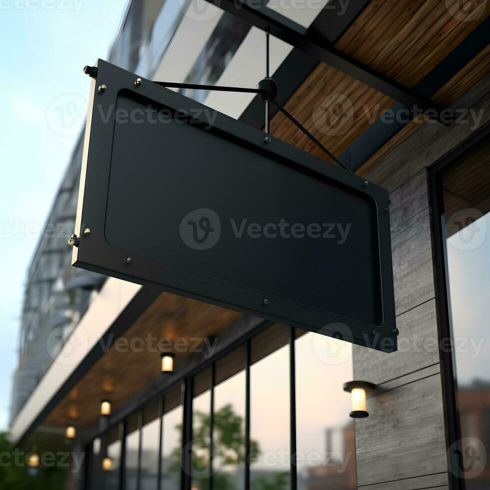 Blank black rectangle store signage sign for logo mockup. Generative AI photo