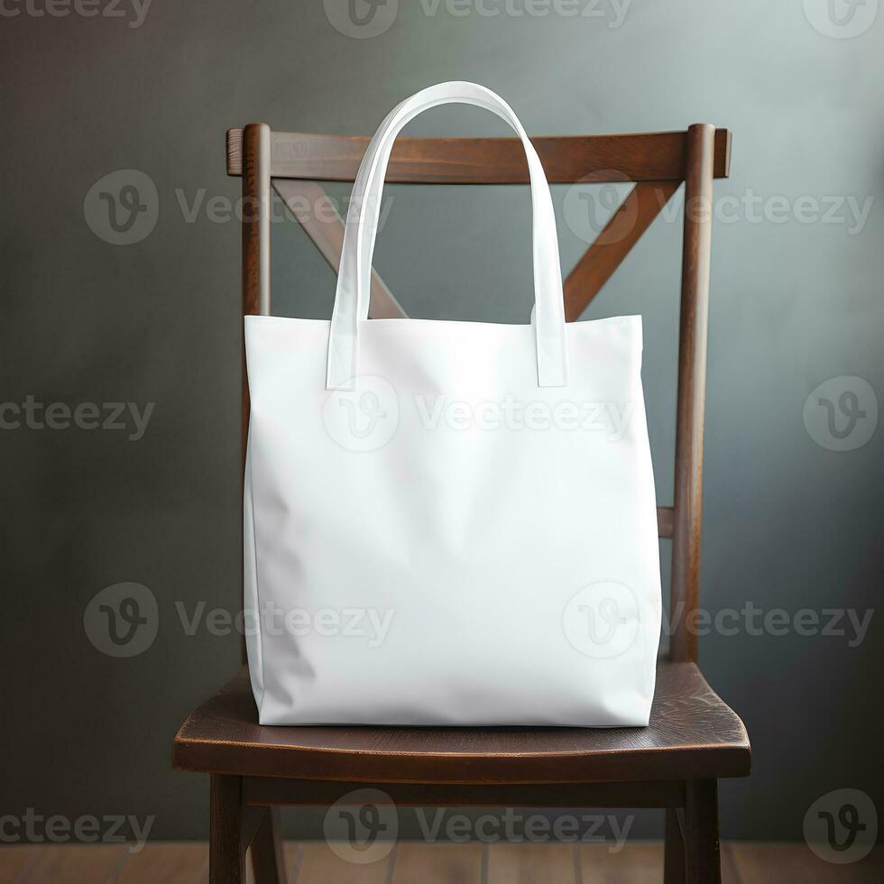 Blank white tote bag on wooden chair. Generative AI photo