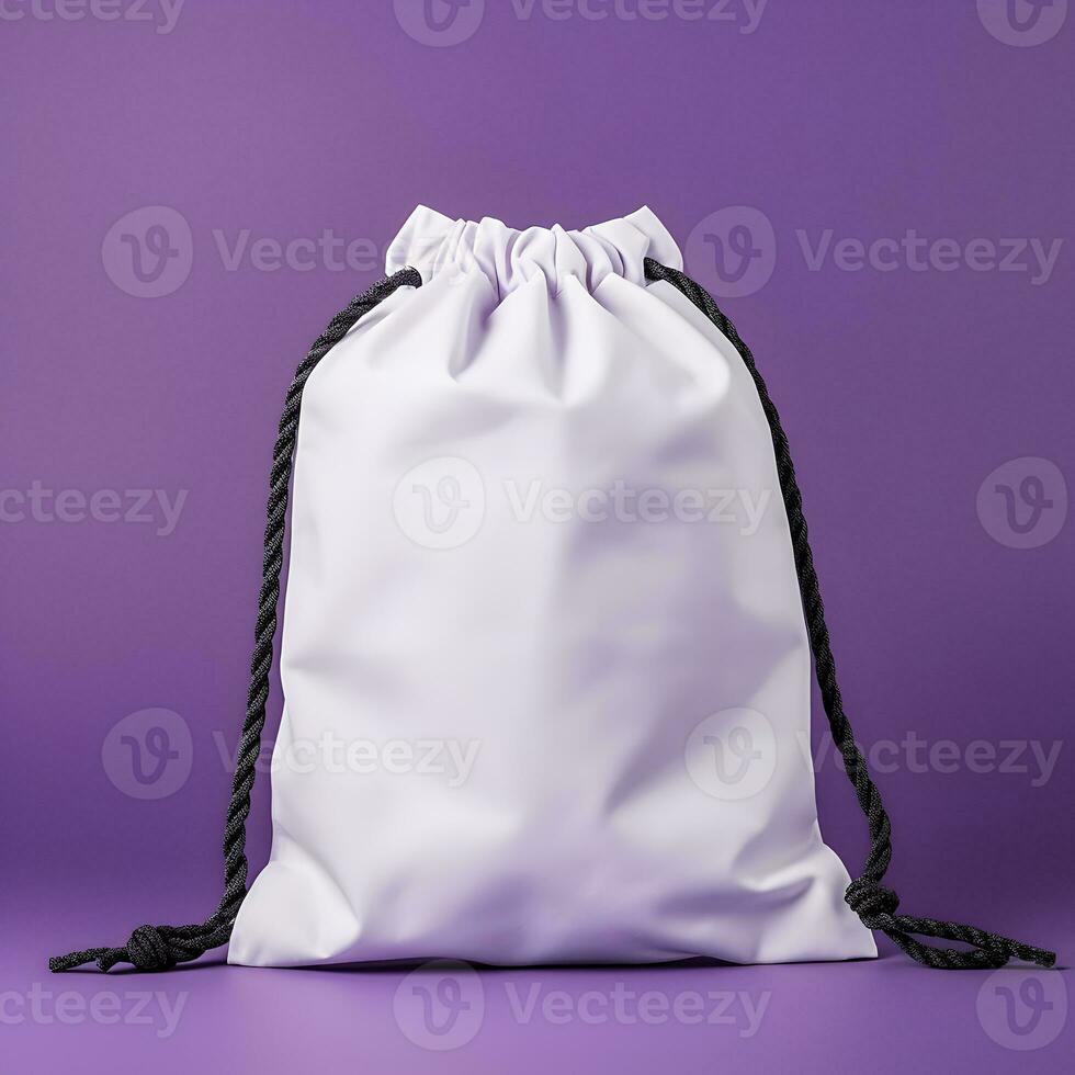 Blank white drawstring bag with black rope on purple background. Generative AI photo