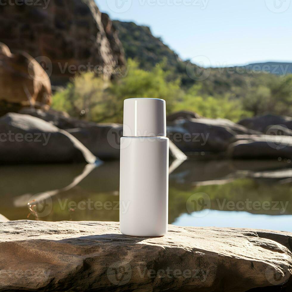 Blank white cosmetic container on rock with river background. Generative AI photo