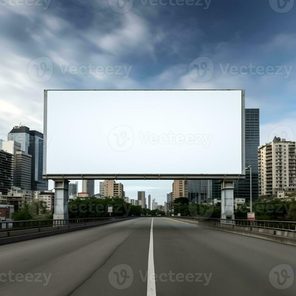 Blank white road billboard with cityscape background, generative ai photo