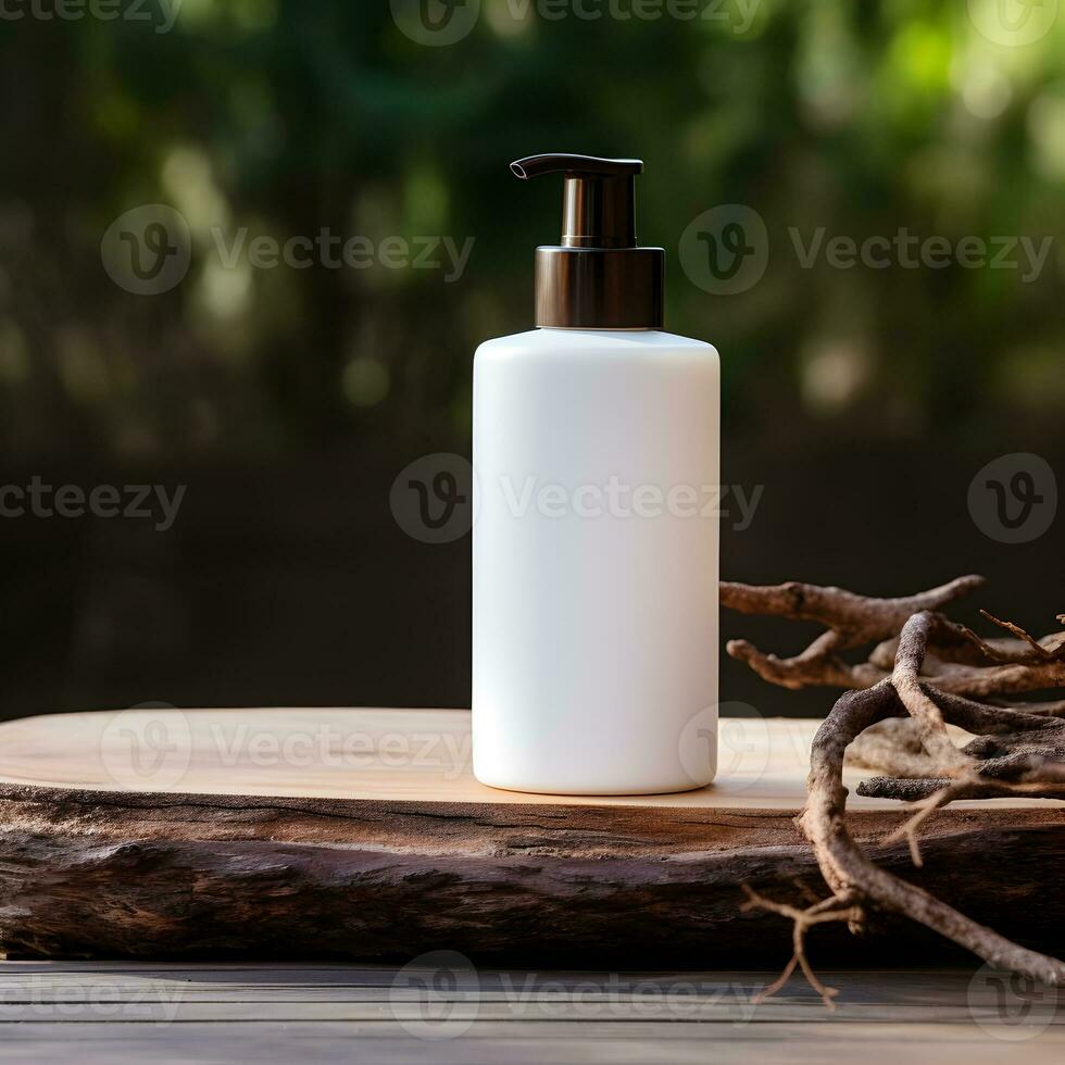 blanco blanco cosmético botella en de madera decorativo pedazo para Bosquejo, generativo ai foto