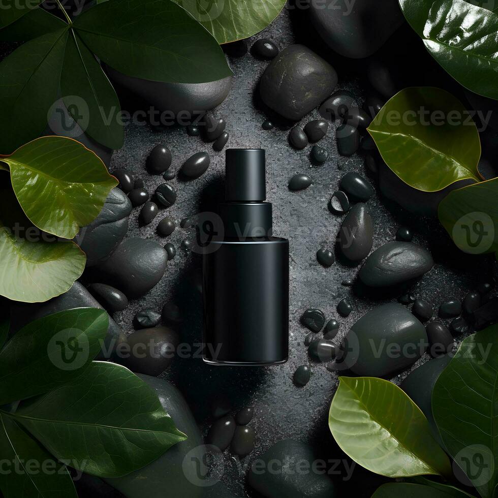 Blank black cosmetic bottle on rocks and leaves background. Generative AI photo