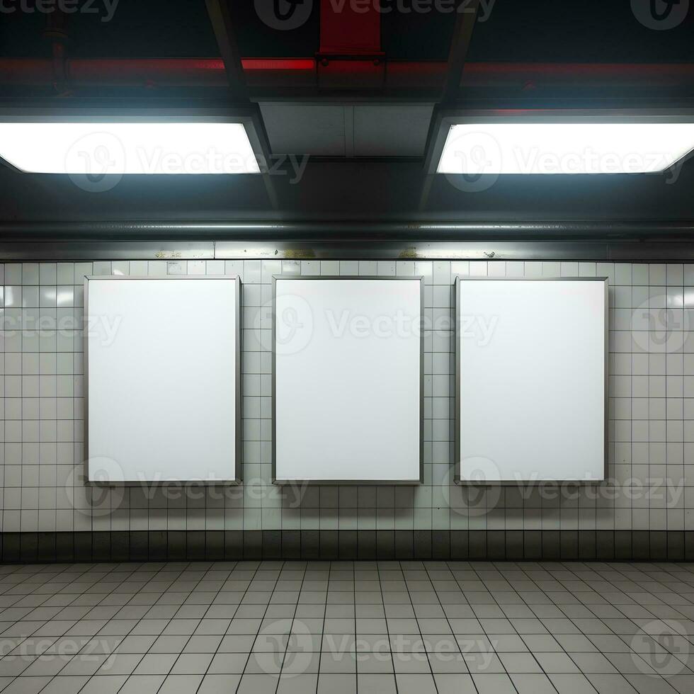 Blank vertical billboards in subway station. Generative AI photo