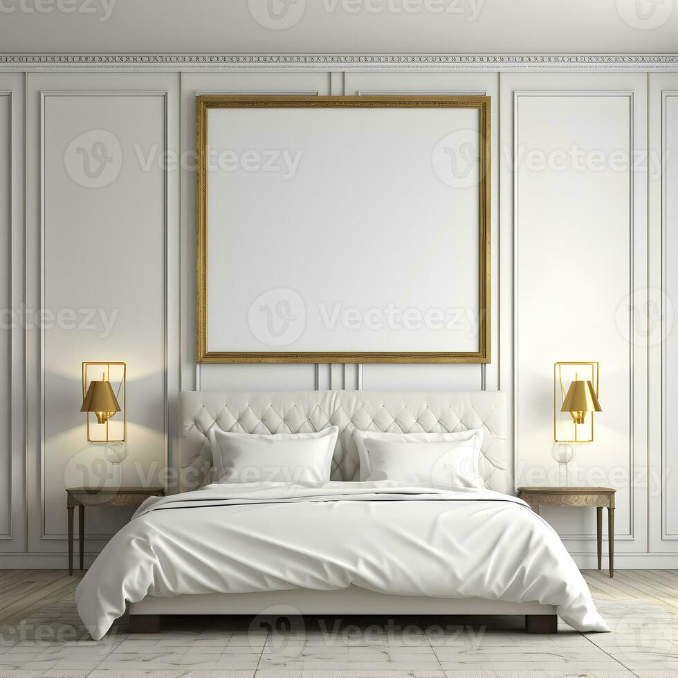 Blank poster frame on white wall of luxury bedroom, generative ai photo