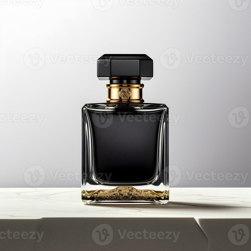 Luxury glass perfume bottle mockup, front view. Generative AI photo