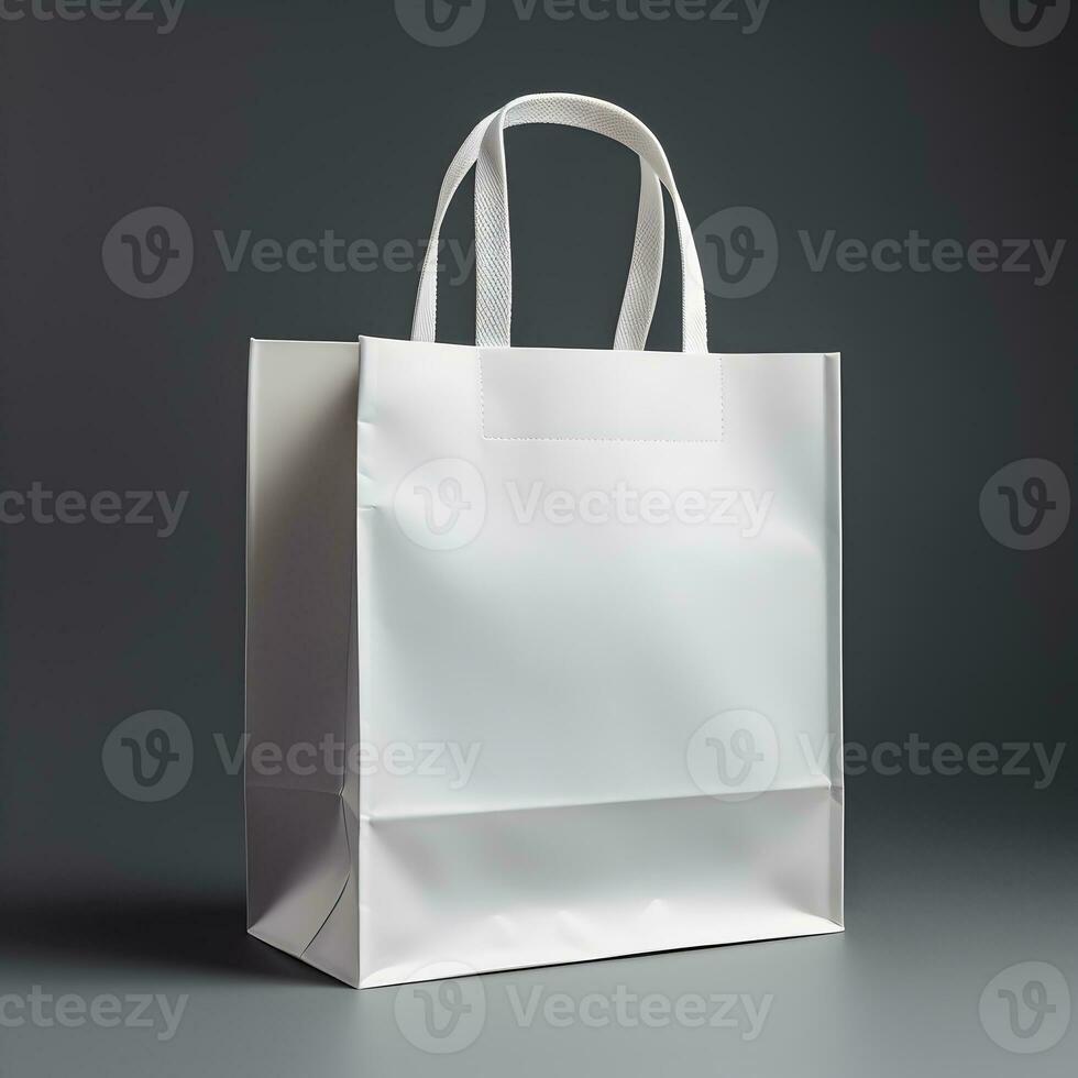 Blank white shopping bag mockup on dark grey background, generative ai photo