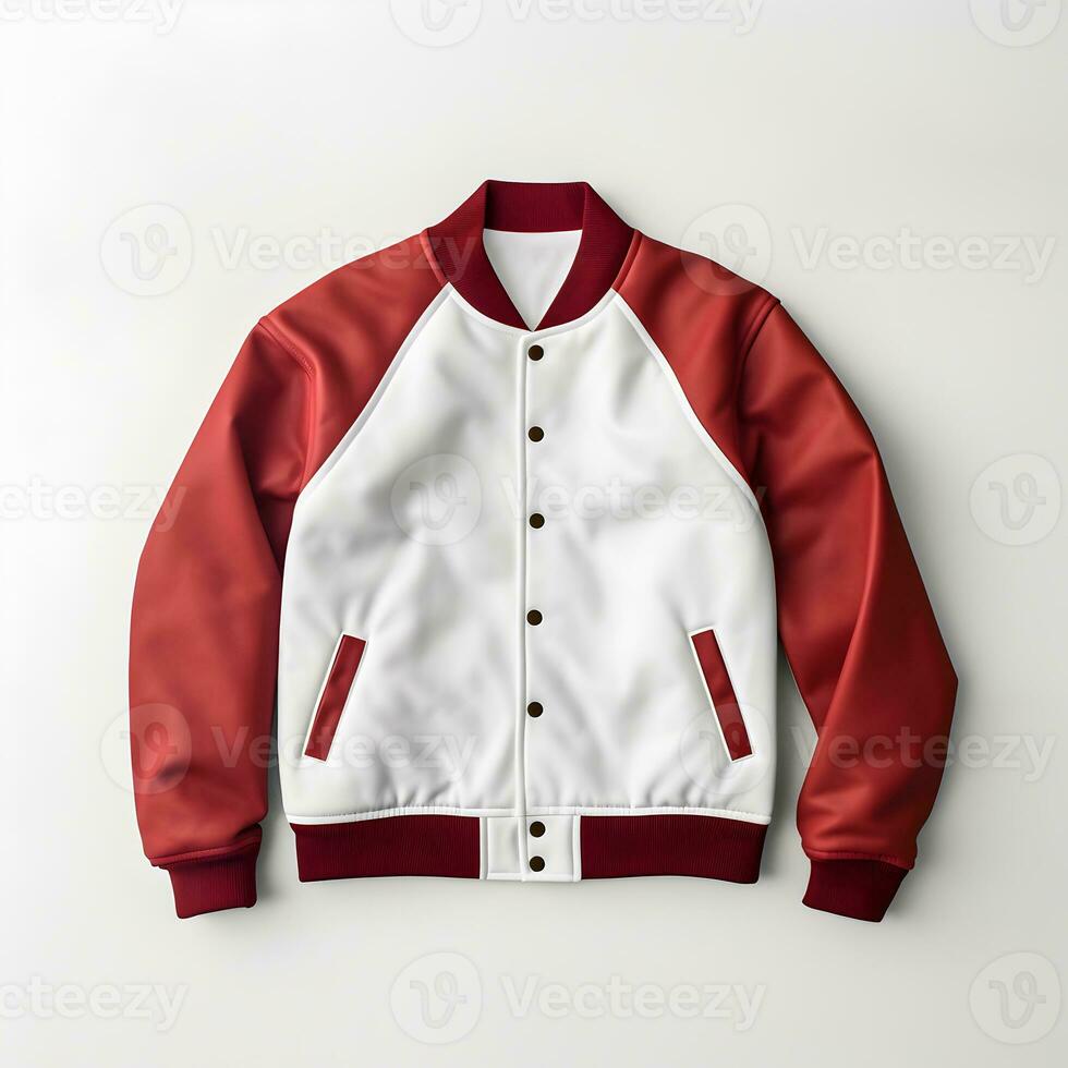 Red and white varsity jacket on white background. Generative AI photo