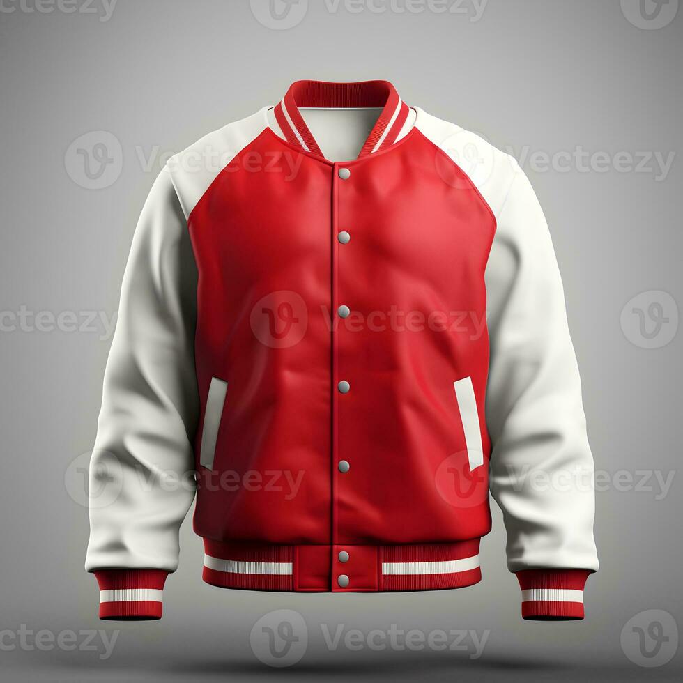 Red and white baseball jacket, front view for mockup. Generative AI photo