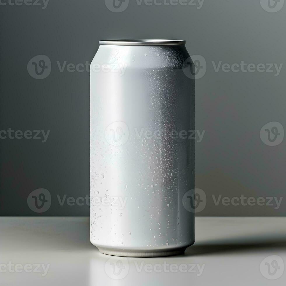 Blank aluminum can with water drops on dark grey background. Generative AI photo