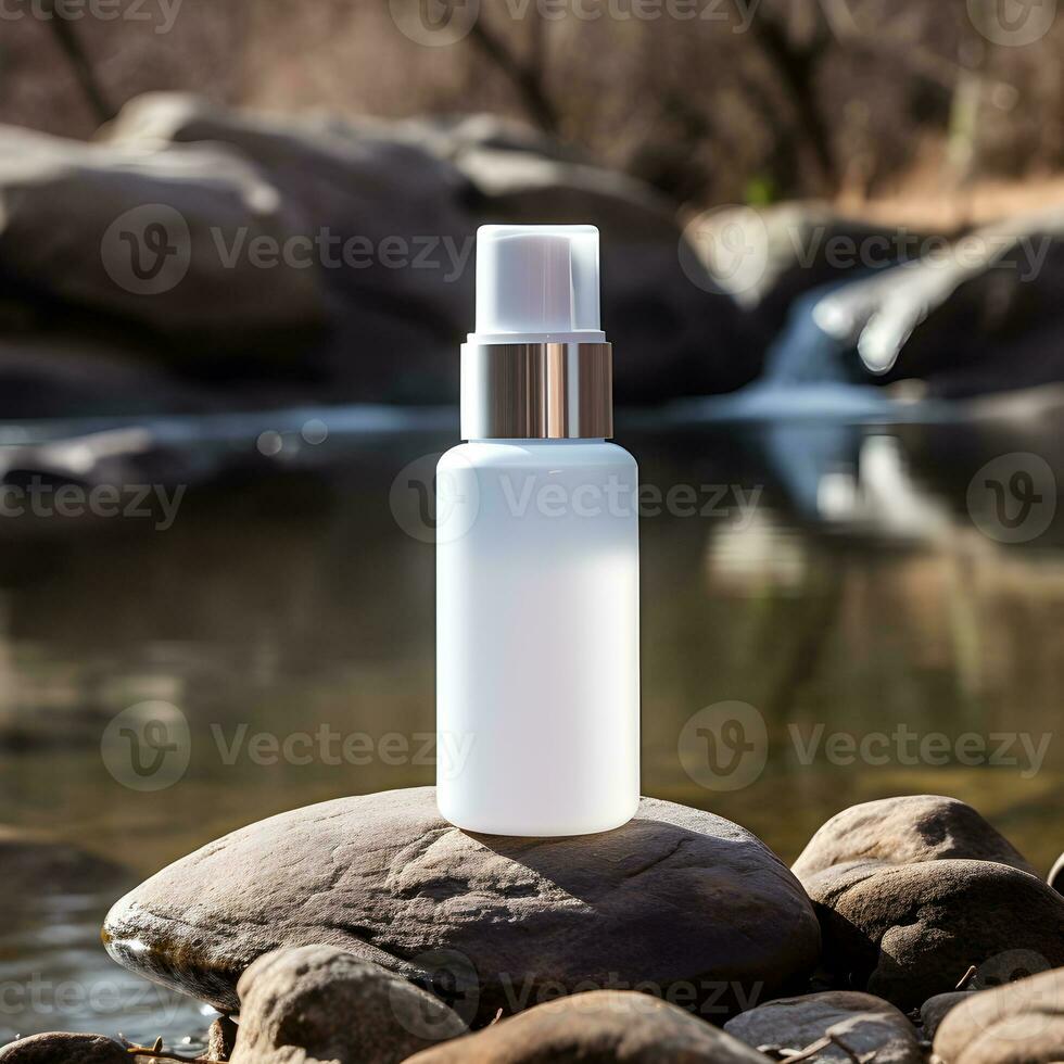 Blank white cosmetic container on rocks with river background. Generative AI photo