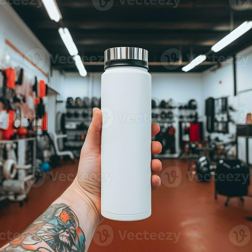 Hand holding white water bottle mockup on gym background. Generative AI photo