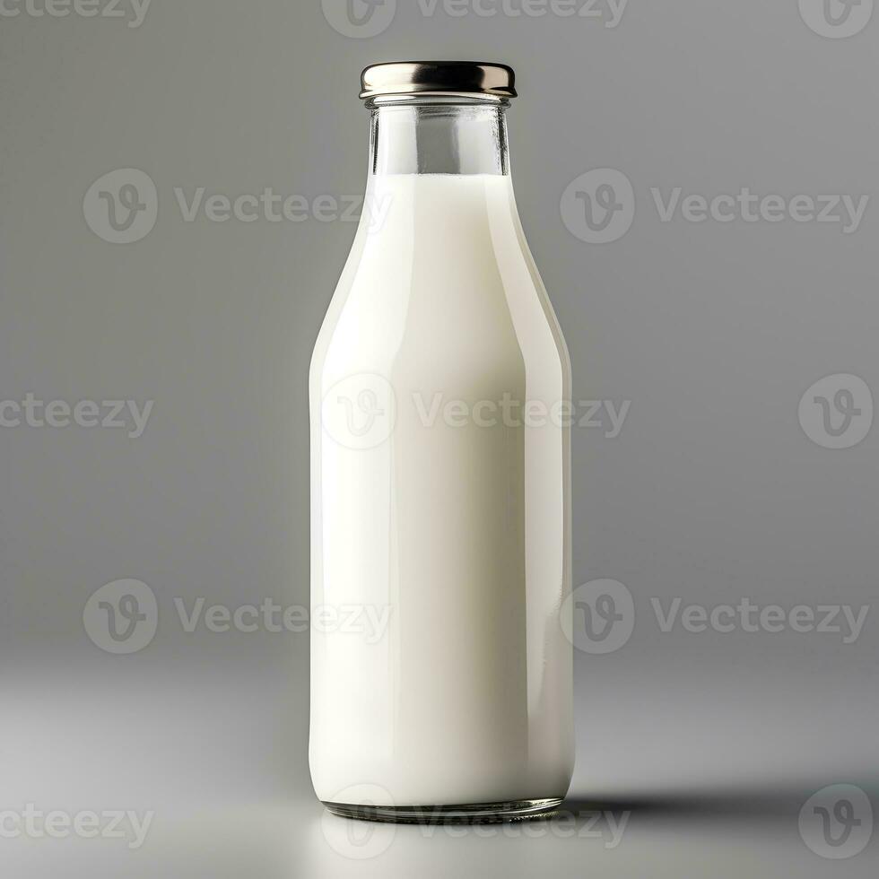 Glass milk bottle on grey background. Generative AI photo