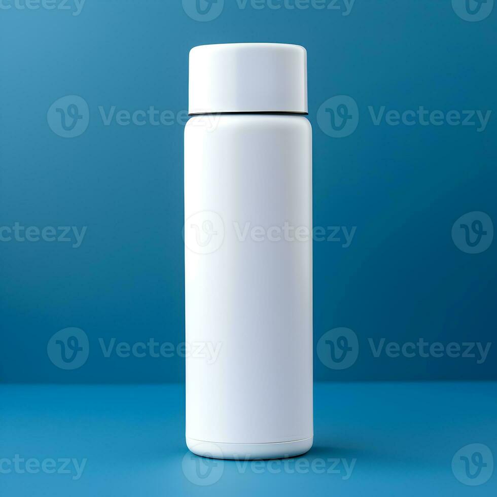 Blank white water bottle mockup on blue background. Generative AI photo