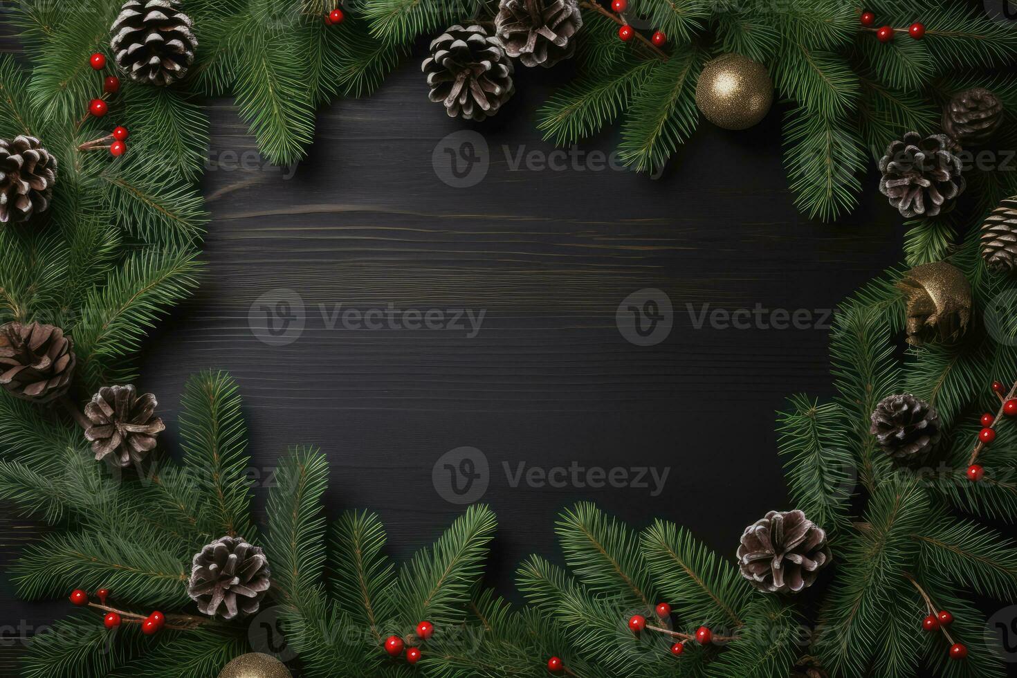 Top view of christmas decoration on wood background, Generative AI. photo