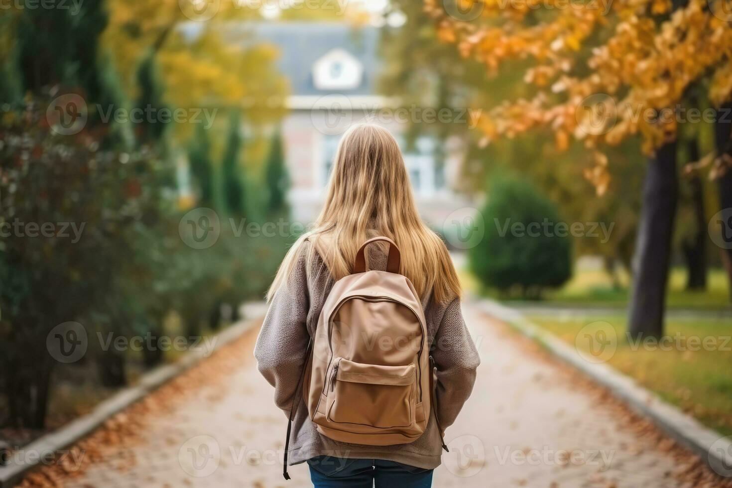 Female student carrying a bag with holding a book and walking to school, Generative AI. photo
