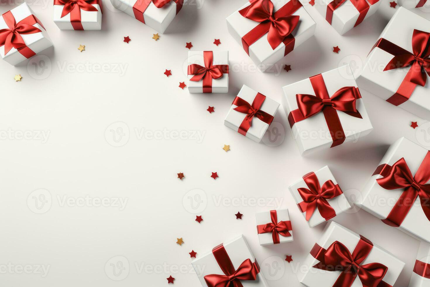 Pile of gift boxes with red ribbon, Christmas and New Year concept, Generative AI. photo