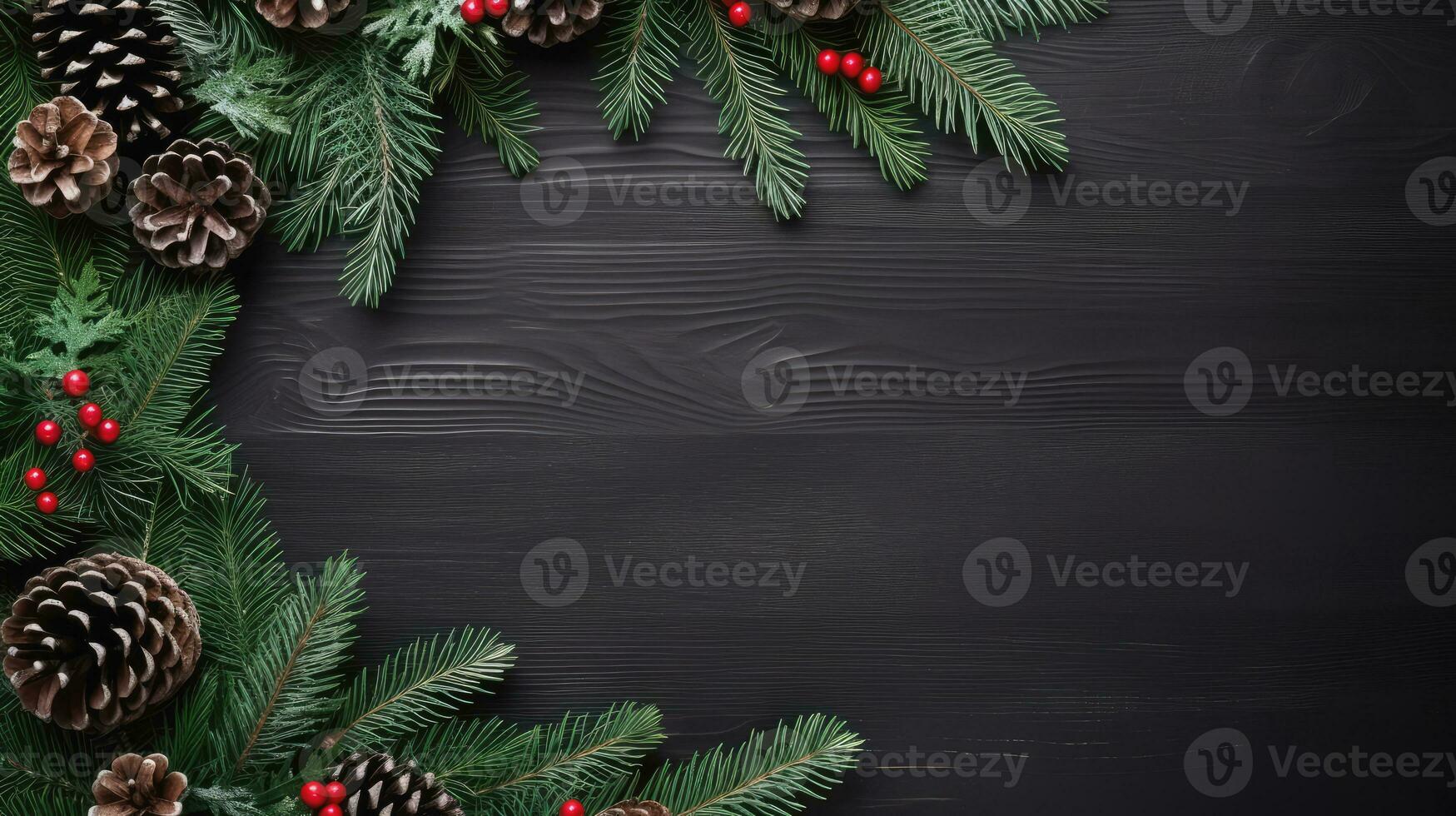 Top view of christmas decoration on wood background, Generative AI. photo