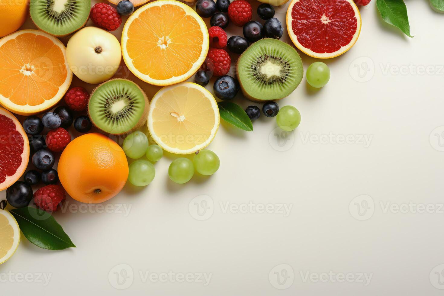 Top view of fruits on white background, Generative AI. photo