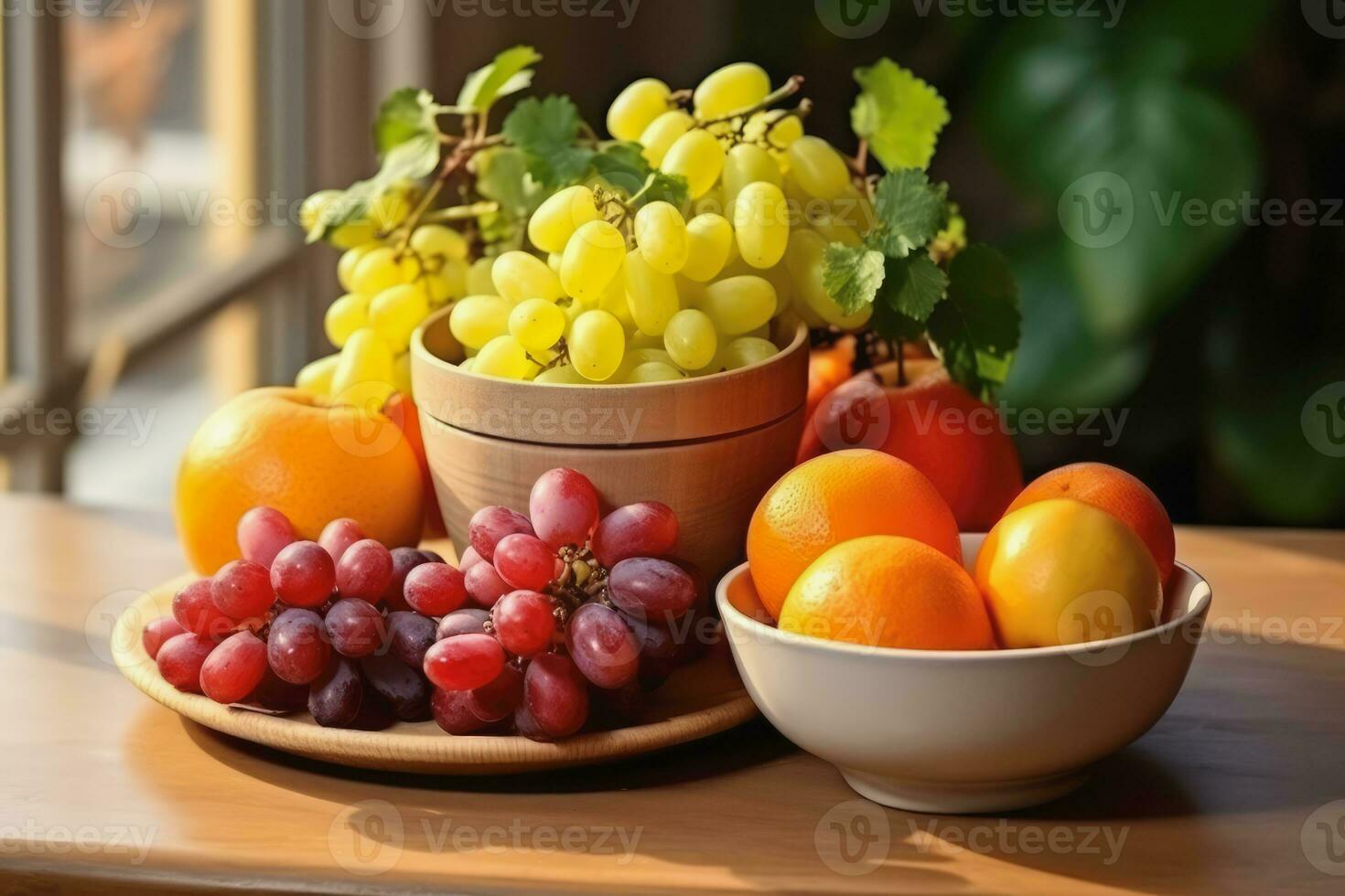 Vegetables and fruits in plate on the table, Generative AI. photo
