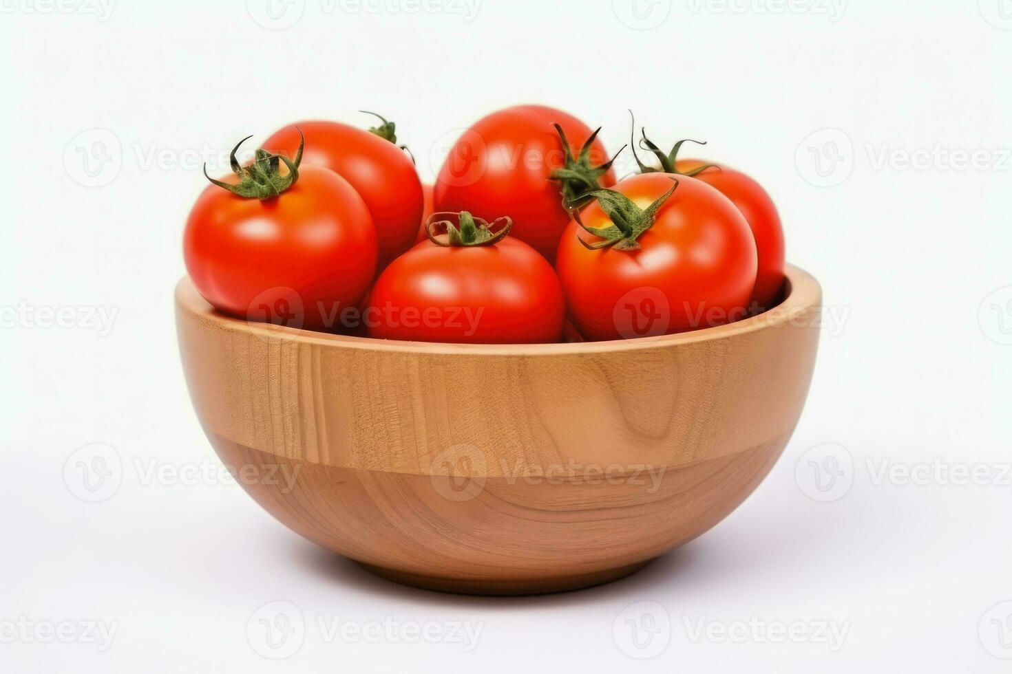 Tomatoes are placed in a brown wooden cup on white background, Generative AI. photo