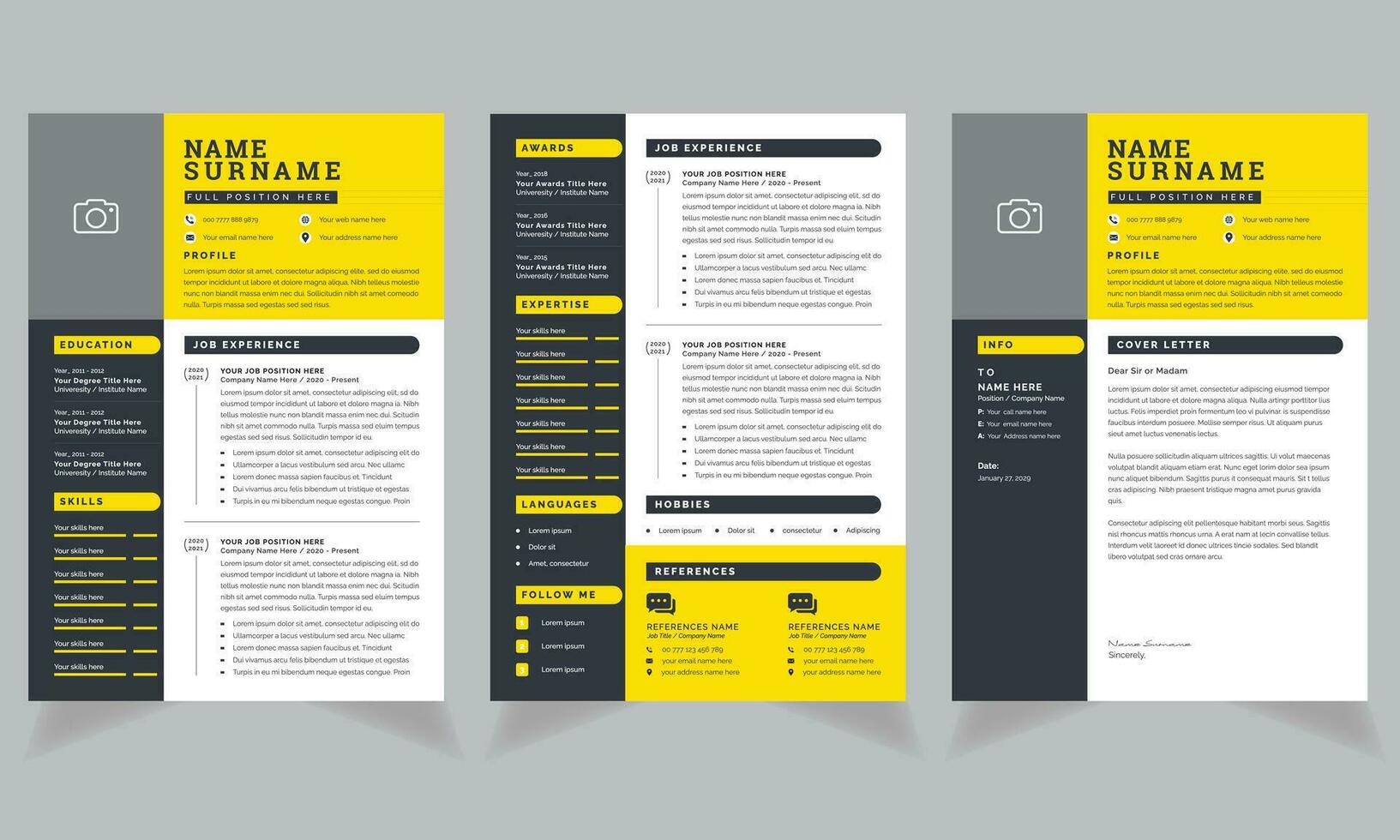Resume Layout with Yellow Header and Black  Sidebar vector