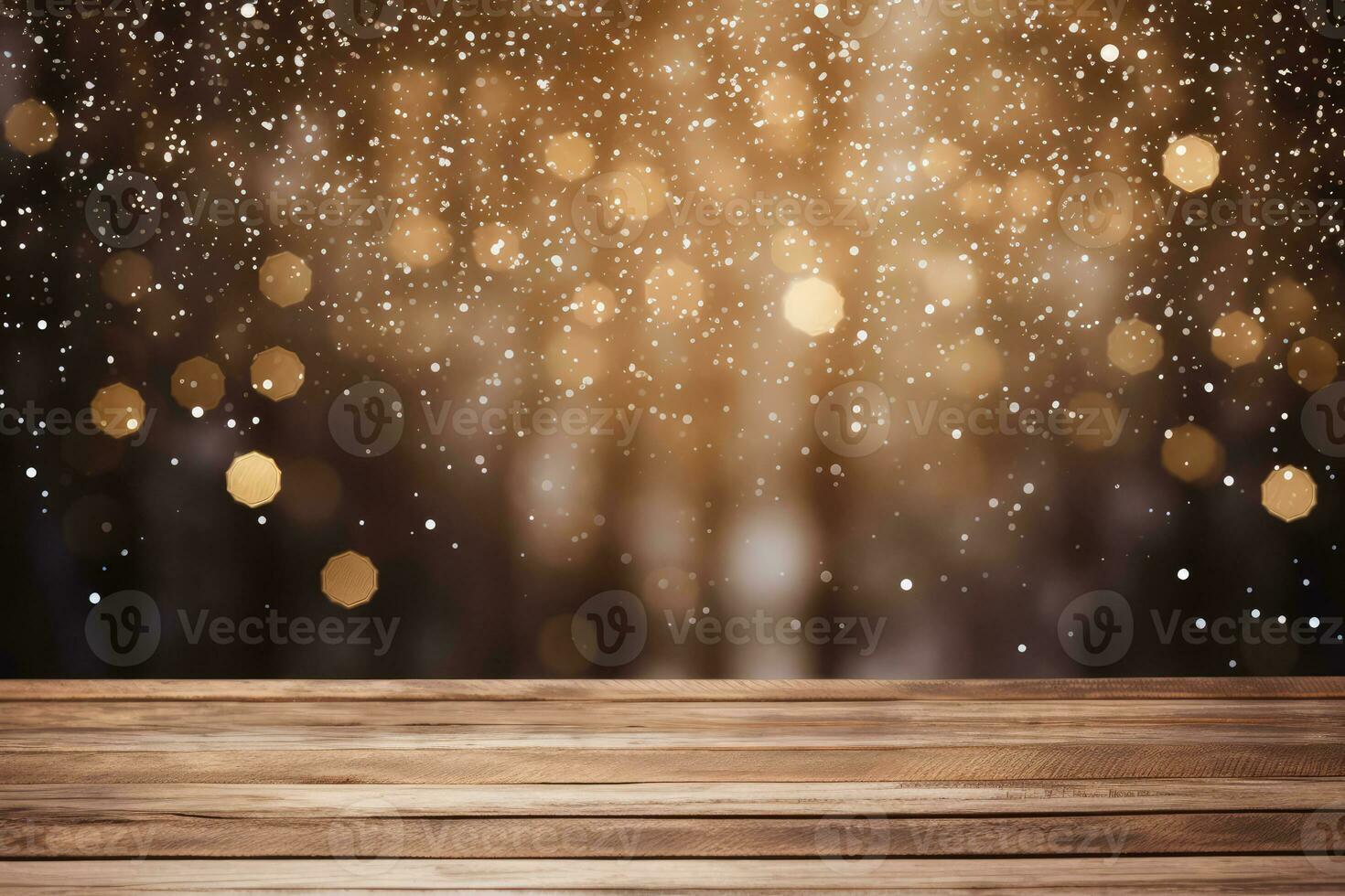 Empty brown wooden table and snow blur background, Christmas and New year concept, Generative AI. photo