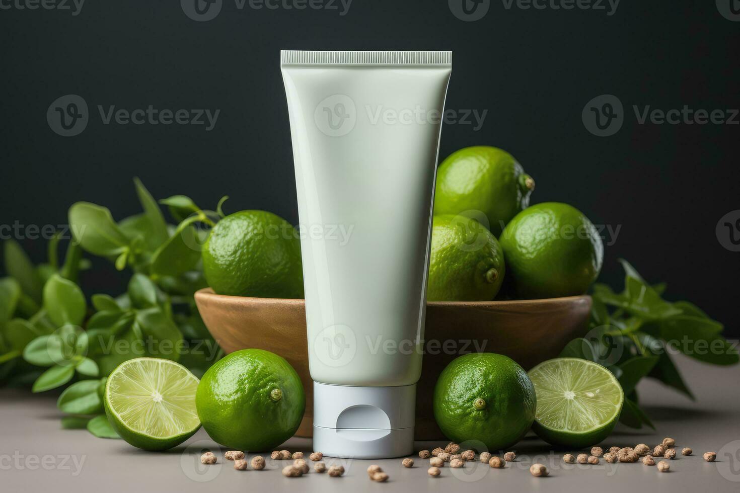 Mock-up of cosmetic tube product, natural ingredients from lime and lemon, Generative AI. photo