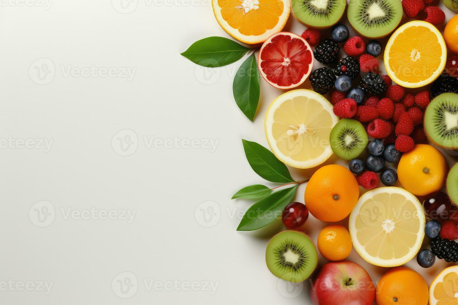 Top view of fruits on white background, Generative AI. photo