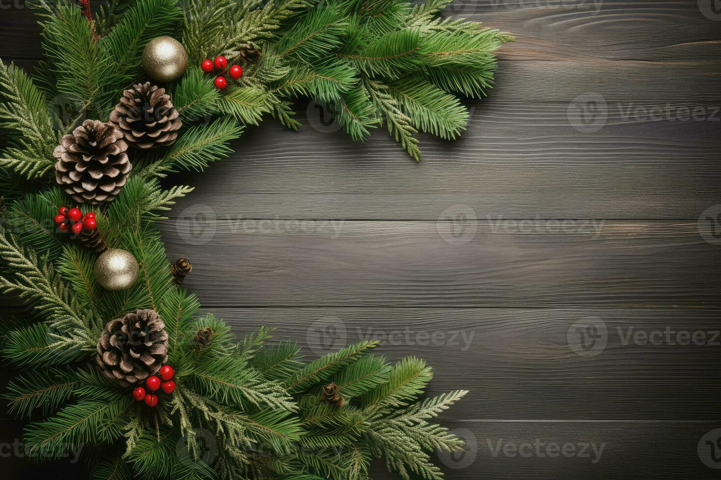 Top view of christmas decoration on wood background, Generative AI. photo